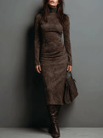 Mova - Hochgeschlossener Langarm Wildleder Midi Kleid