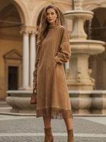 Savirella – Abito Midi Donna In Effetto Camoscio Con Collo Alto E Frange