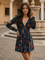Velmoria – Damen Mini Kleid Aus Samt Mit Blumenprint Und V Ausschnitt