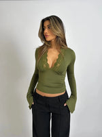 Sabine - Damen Wickel Top Mit Spitze Und Tiefem V Ausschnitt Langarm