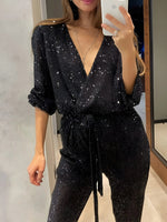 Zosia - Damen Jumpsuit Mit Pailletten Gürtel V Ausschnitt Und Langarm