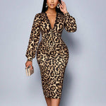 Aurevon - Leopard Print Maxikleid mit Langarm und V-Ausschnitt