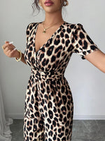 Mari - Leopard Print V-Neck Jumpsuit with Waist Belt and Pleats