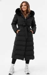 Marvea – Women's Winter Coat with Belt and Faux Fur Collar