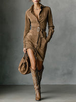 Navo - Wildleder Midi Kleid Mit Gürtel