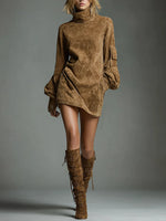 Xena - Vintage Weites Suede Rollkragen Mini Kleid