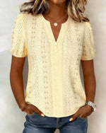 Heliora - Blusa con escote en V, botones de perlas y mangas abullonadas